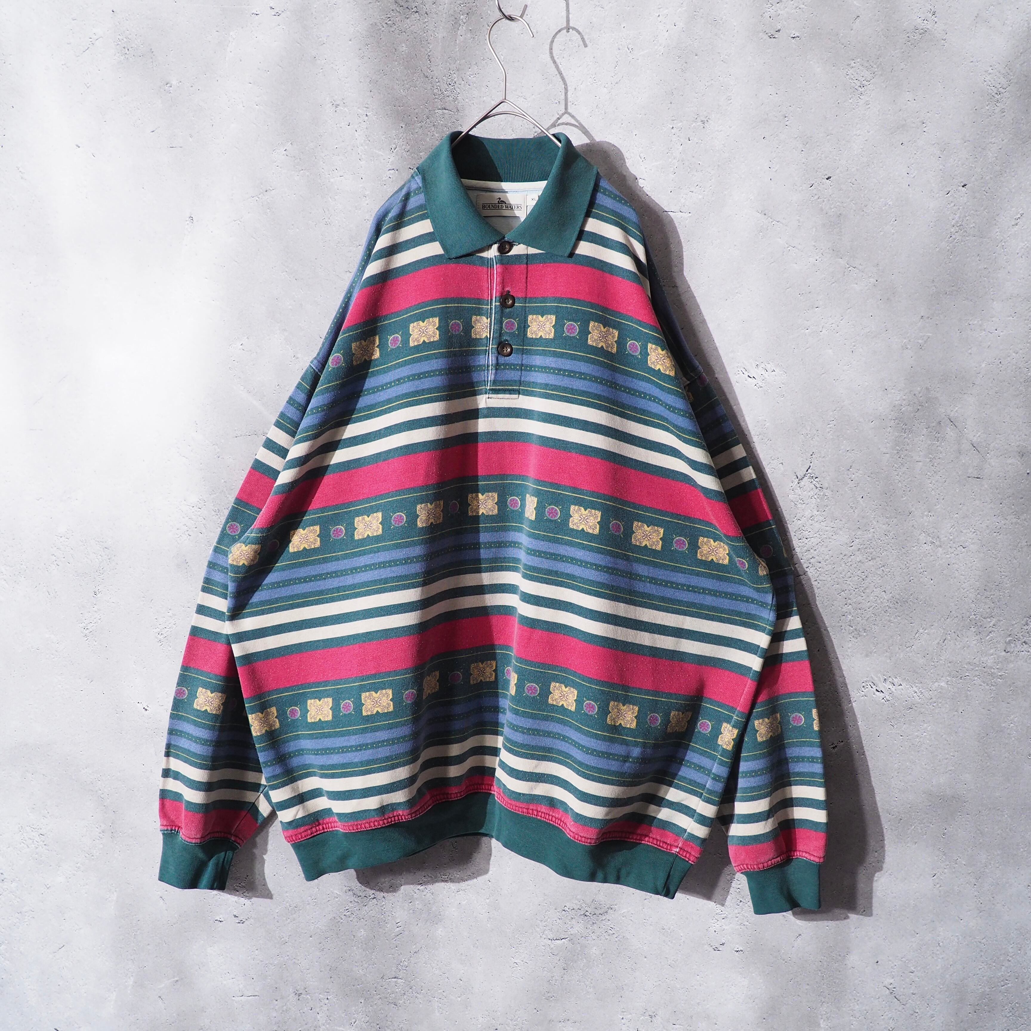 Multi color Border × Ethnic pattern Design vintage loose Pull over shirt