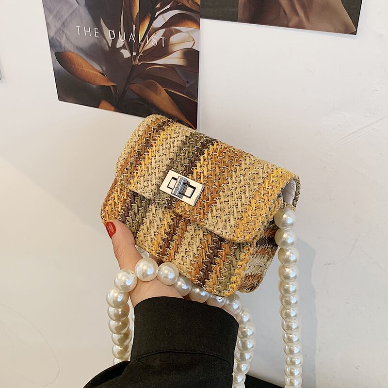 パールチェーン サマー 夏物 ストローバッグ 真珠 スクウェア メッセンジャーバッグ Tiancai_Wing_Bag14916969844