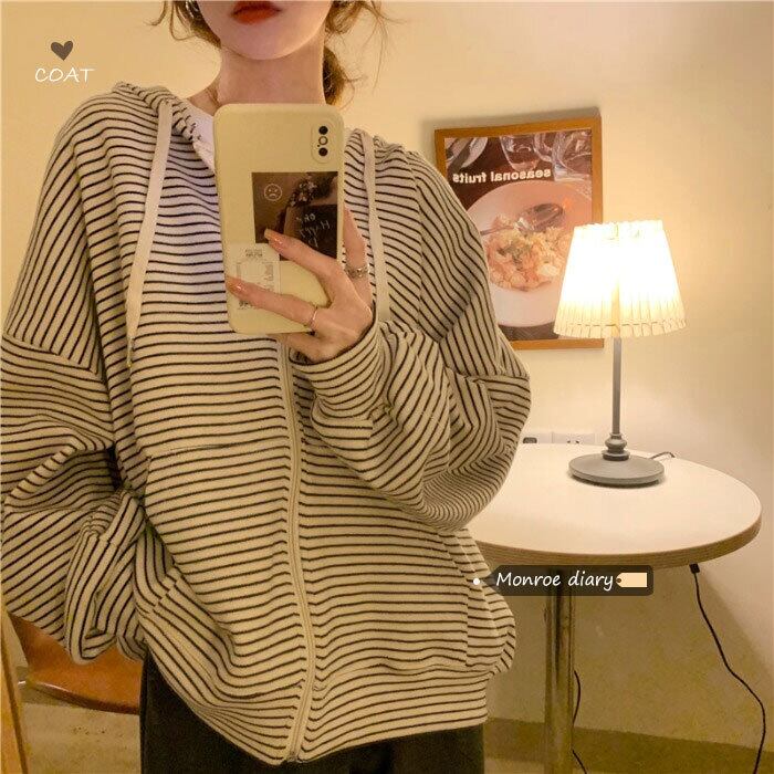 ストライプフードジャケット レディースオータムウィンタールーズ ストリート 秋物 冬物 モンロー7559471422