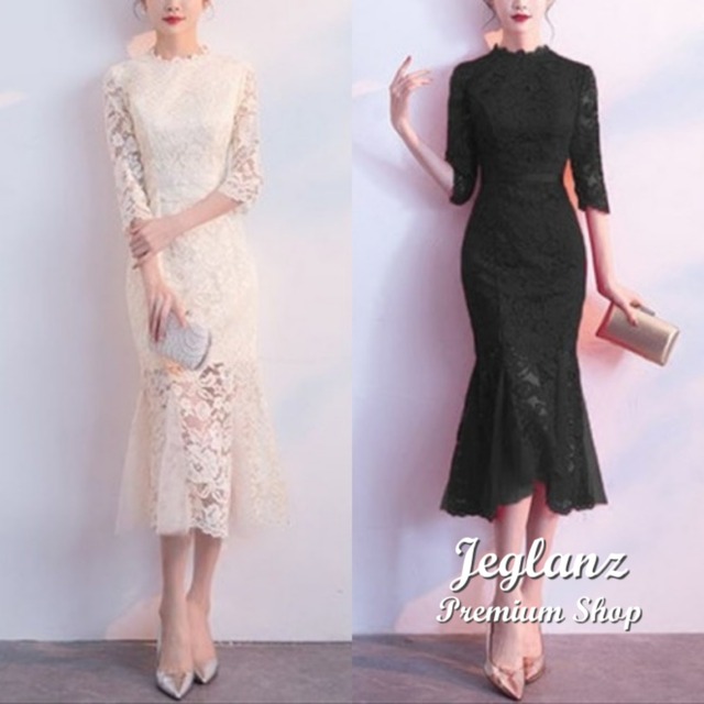 5色 パーティ ドレス ワンピース 花柄 総レース マーメイド 肌透け 7分袖（O0287）ζ