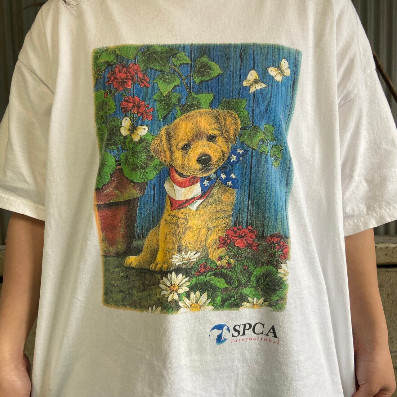 90s アニマル アート プリントTシャツ XL 白 犬 イラスト キャラクター