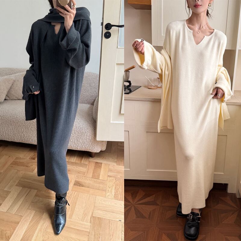 【set】マフラー×Vネックニットワンピースセット Q7391