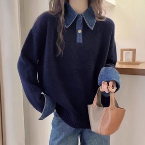 レイヤード風 ニット デニム切り替え 韓国 トップス 長袖 レディース 春秋冬 おしゃれ 大人 カジュアル ポロ襟 ゆったり 大人可愛い 大人女子