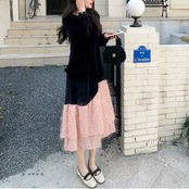 Black Velvet Patchwork Long Dress 5019