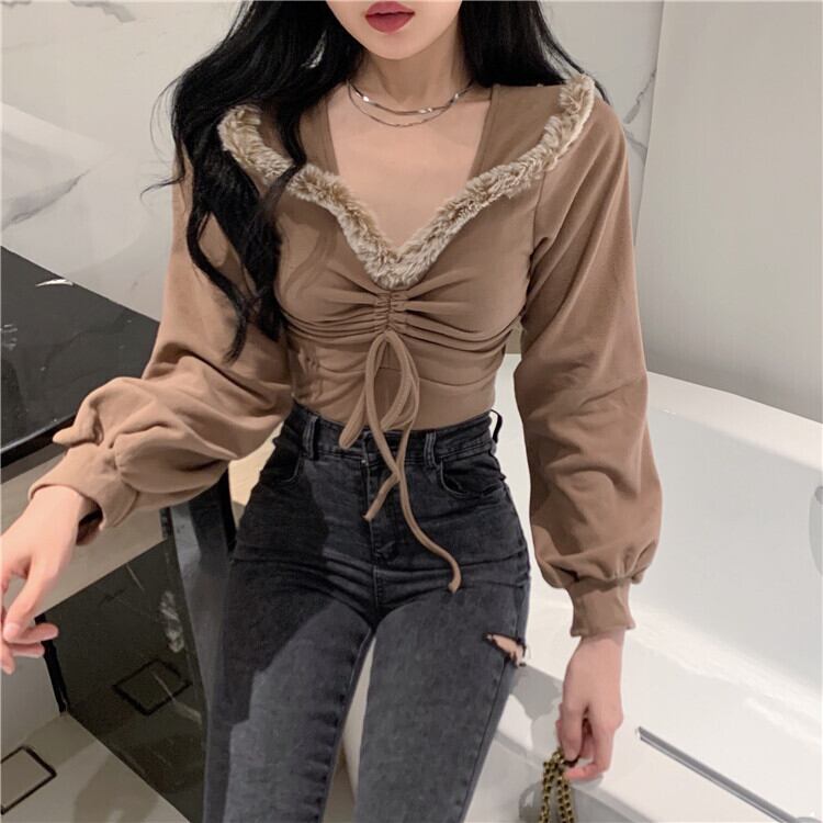 Tシャツ シャツ オータムウィンタースタイルVネックファーギャザーショートトップス 秋物 冬物 ステッチ ガールズファッション13516263354