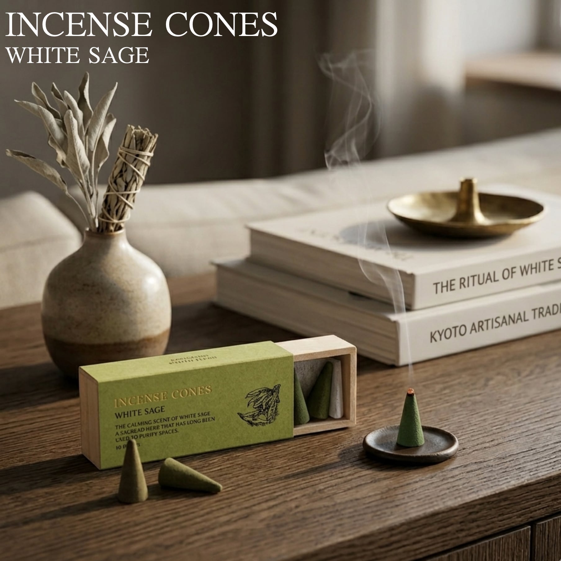 【 INCENSE CONES - ホワイトセージ -】10個入 1箱 香彩堂 お香 白檀 日本製 京都 インセンス コーン型 コーンタイプ 天然 安眠 爽やか 初心者 線香 フレグランス 外出 旅行 ポケット リラックス リフレッシュ 気分転換 切り替え デスク ワーク 勉強 部屋 芳香 おうち時間 プレゼント プチ ギフト インテリア 空間 贈り物 ヨガ 瞑想 浄化 おしゃれ かわいい