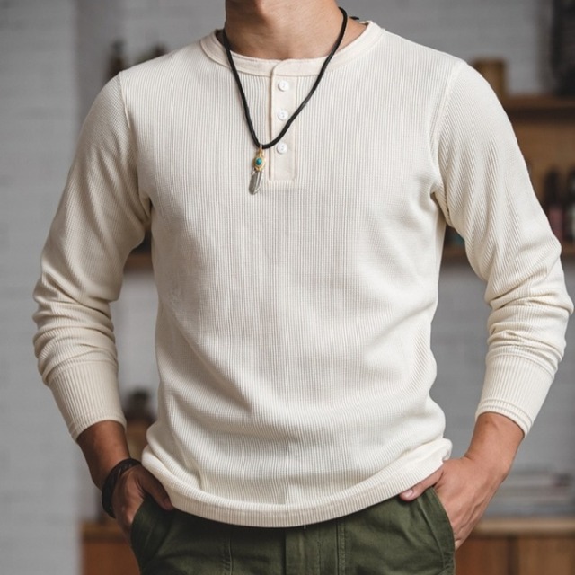 ヘンリーネックリブ編みロングスリーブシャツA18263