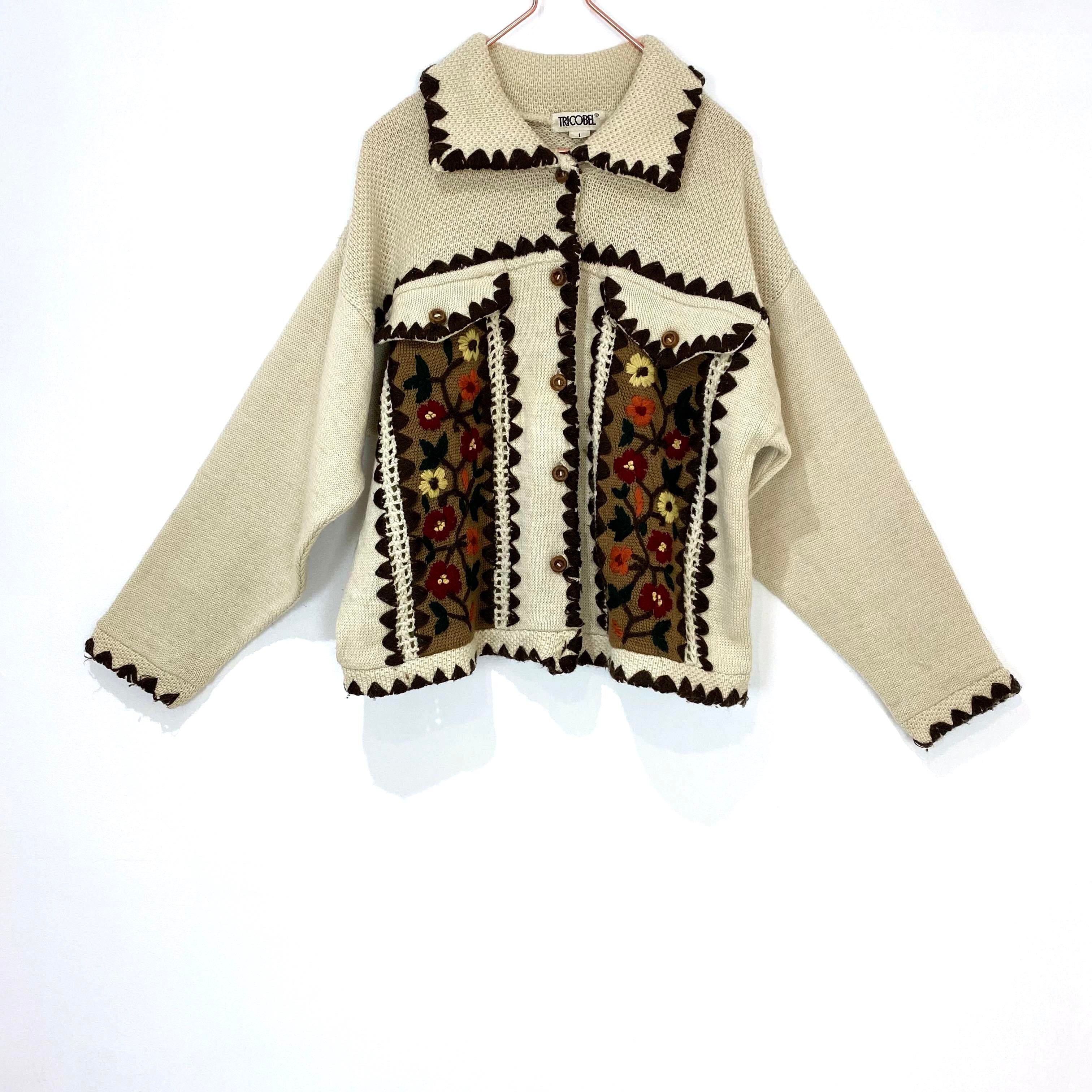 ◼︎80s vintage hand embroidery knit cardigan from France◼︎
