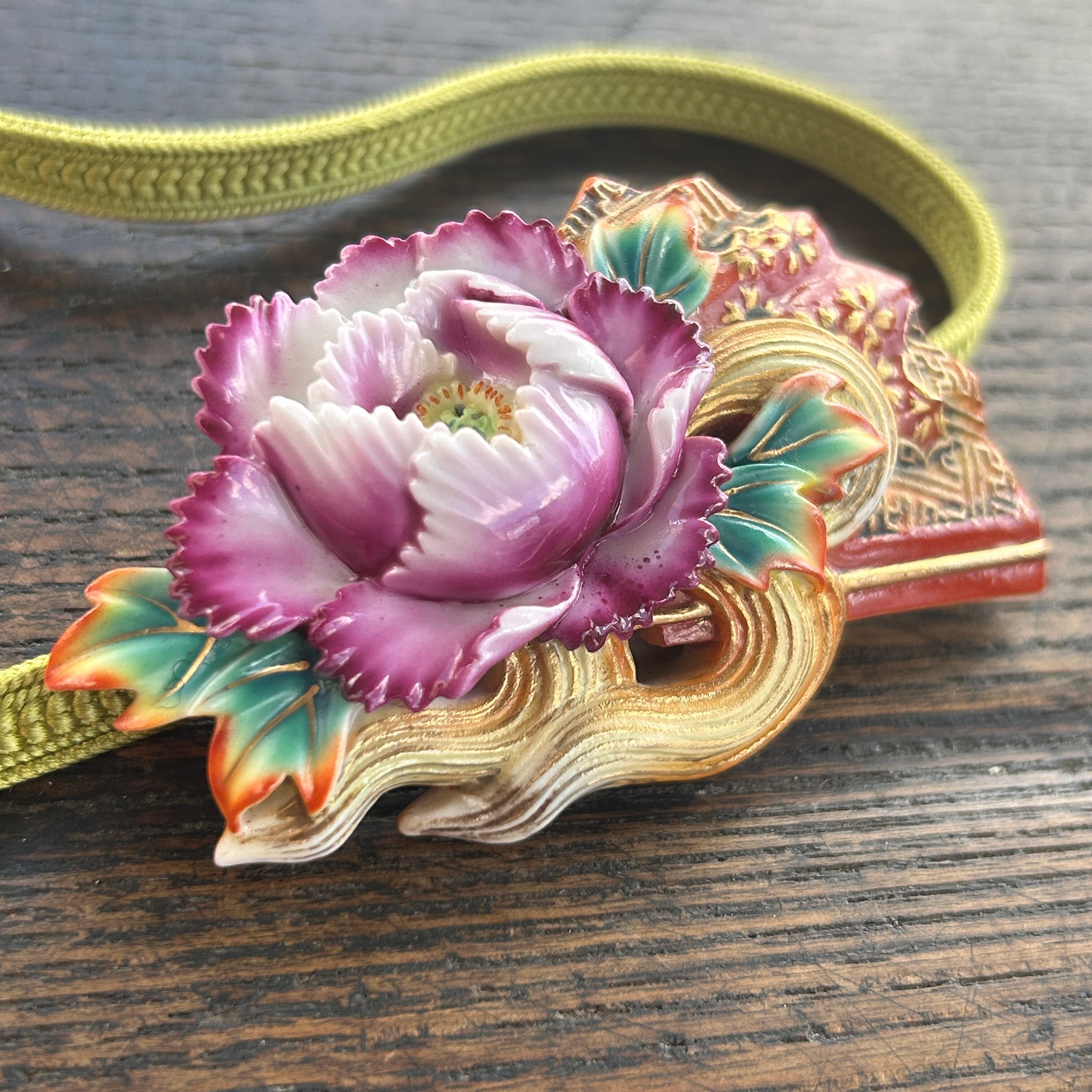 アンティークToshikaneJewelly  俊兼の大きな牡丹扇の帯留め　