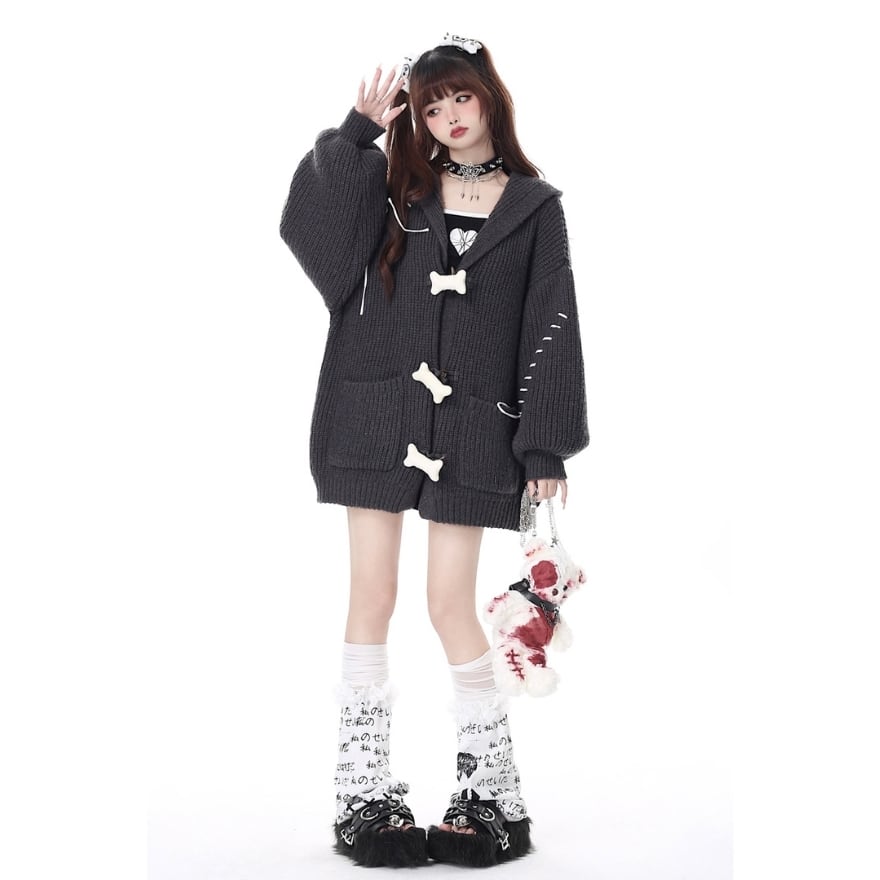 ロリータ CRAZYGIRL カーディガン フード付き ツギハギ 骨ボタン