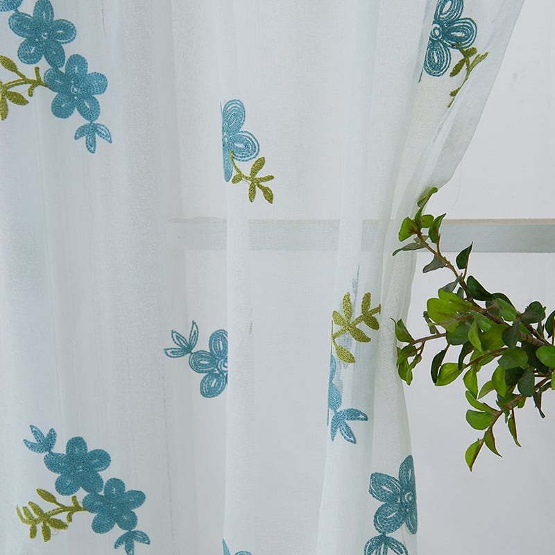 小窓 水色 花 刺繍 カフェカーテン 刺繍 仕切り 41㎝×130㎝ 突っ張り棒