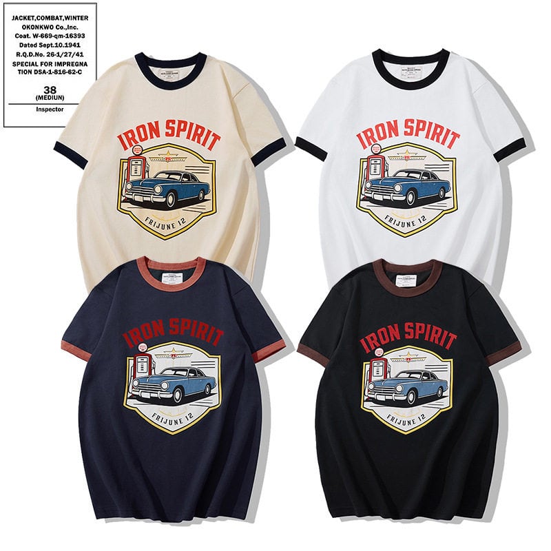 ヴィンテージカー レトロプリント リンガーTシャツ 4色 L0615