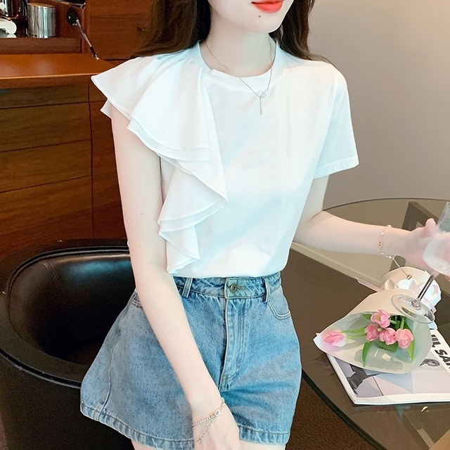 トップス デート Tシャツ カットソー 袖あり 半袖 アシンメトリー フリル フレア クルーネック ギャザー  かわいい 大人可愛い きれいめ シンプル カジュアル 大人 上品 おしゃれ お洒落 主役級 存在感 春 夏 10代 20代 レディース 女性用 OL 学生 デート お出かけ 公園デビュー 女子会 お泊まり 休日 旅行 着回し 普段使い ファッション コーデ 楽ちん トレンド 流行 インスタ映え S M L XL 2XL ホワイト