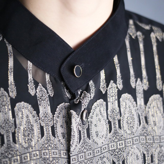 "刺繍" sheer fabric switching design loose band collar black shirt