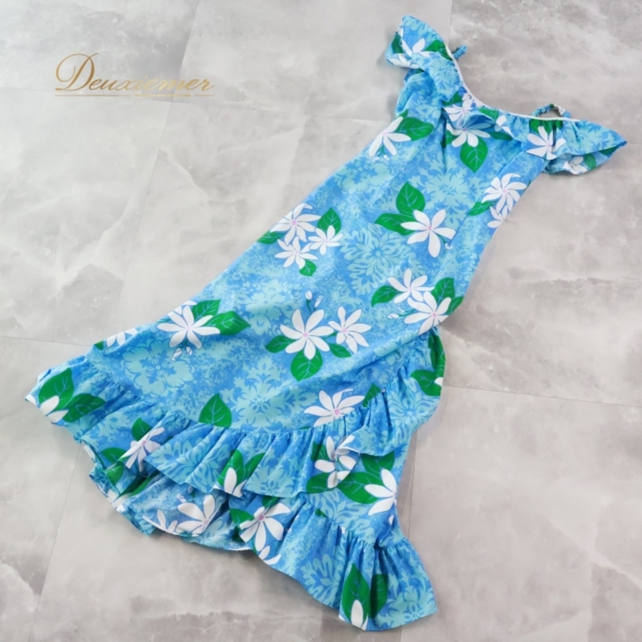 フラダンス 衣装 ワンピース ドレス ブルー系 マカマカ ティアレ柄 ハワイアンプリント MakaMaka アロハ フラ ダンス レッスン 練習 グリーン系 ホワイト系 水色 緑 白 華やか 鮮やか さわやか かわいい おしゃれ 上品 フラダンス衣装 ハワイアンドレス リゾート フラレッスン アロハシャツ オシャレ フラダンスイベント