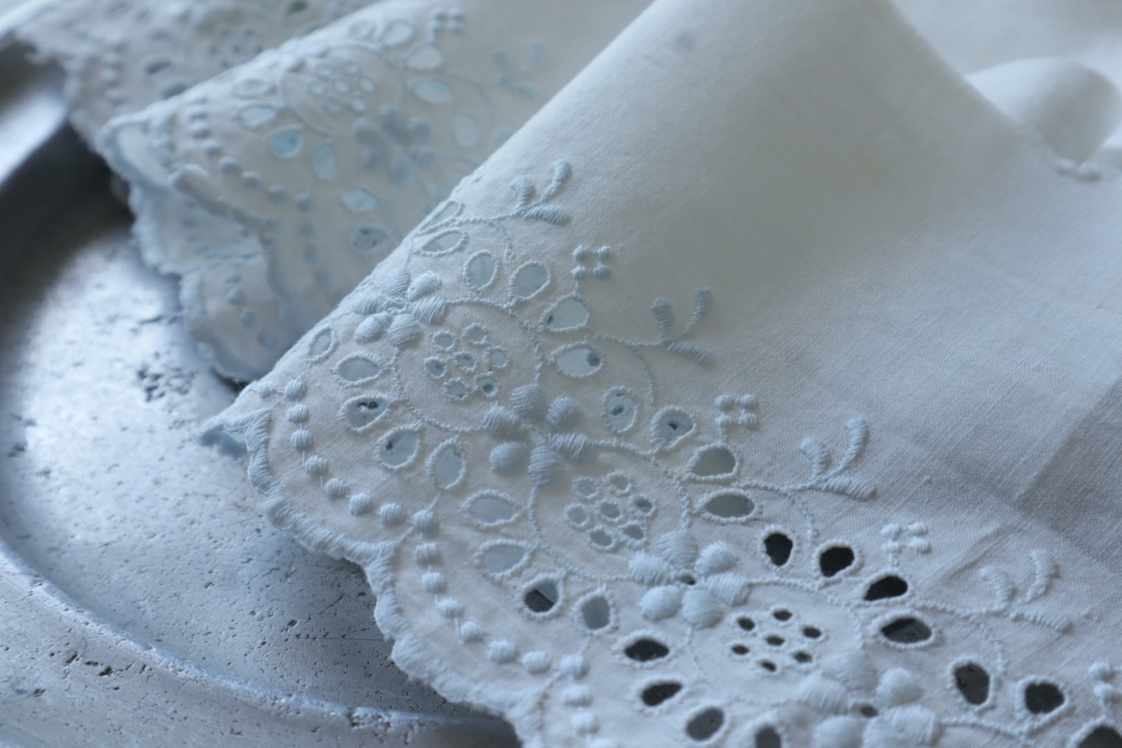 France製 50㎝ アンティーク刺繍レース B972 ホワイト×ブルー | vmt