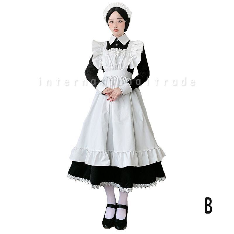 予約 コスプレ服 ロングメイド服 衣装 コスチューム 英国風 ロング丈 ロングワンピース 大きいサイズ 長袖 クラシカル クラシック レトロ 給仕 エプロン 長袖 半袖 かわいい コスプレ衣装 レディース 学園祭 文化祭 イベント パーティー 余興 お祭り S M L Xl 2xl 3xl