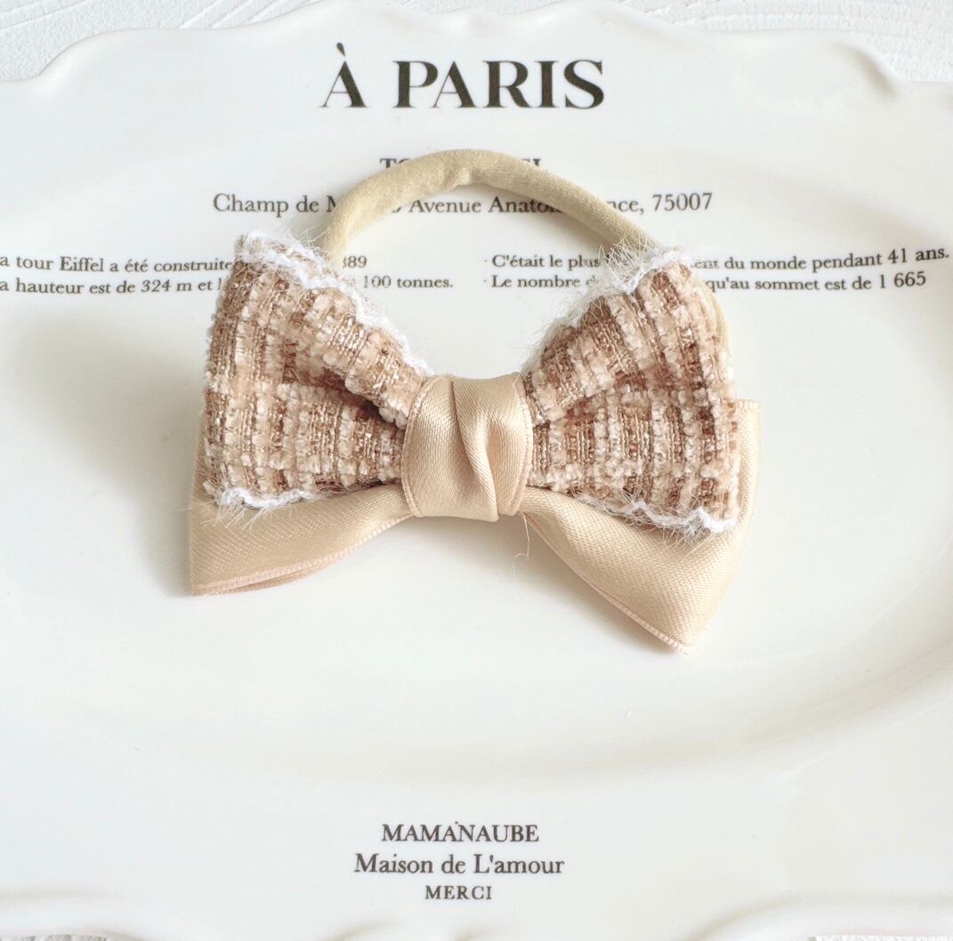 ツイードベージュリボンヘアバンド(後ろ支え付き)