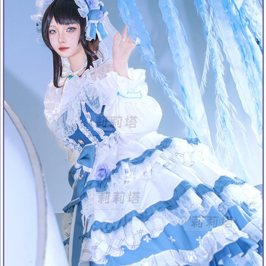 浴衣ドレス 白地 青花柄 レースフリル 和ロリ ロリータファッション 青薔薇の午後のお茶会 リボンとティアードレース