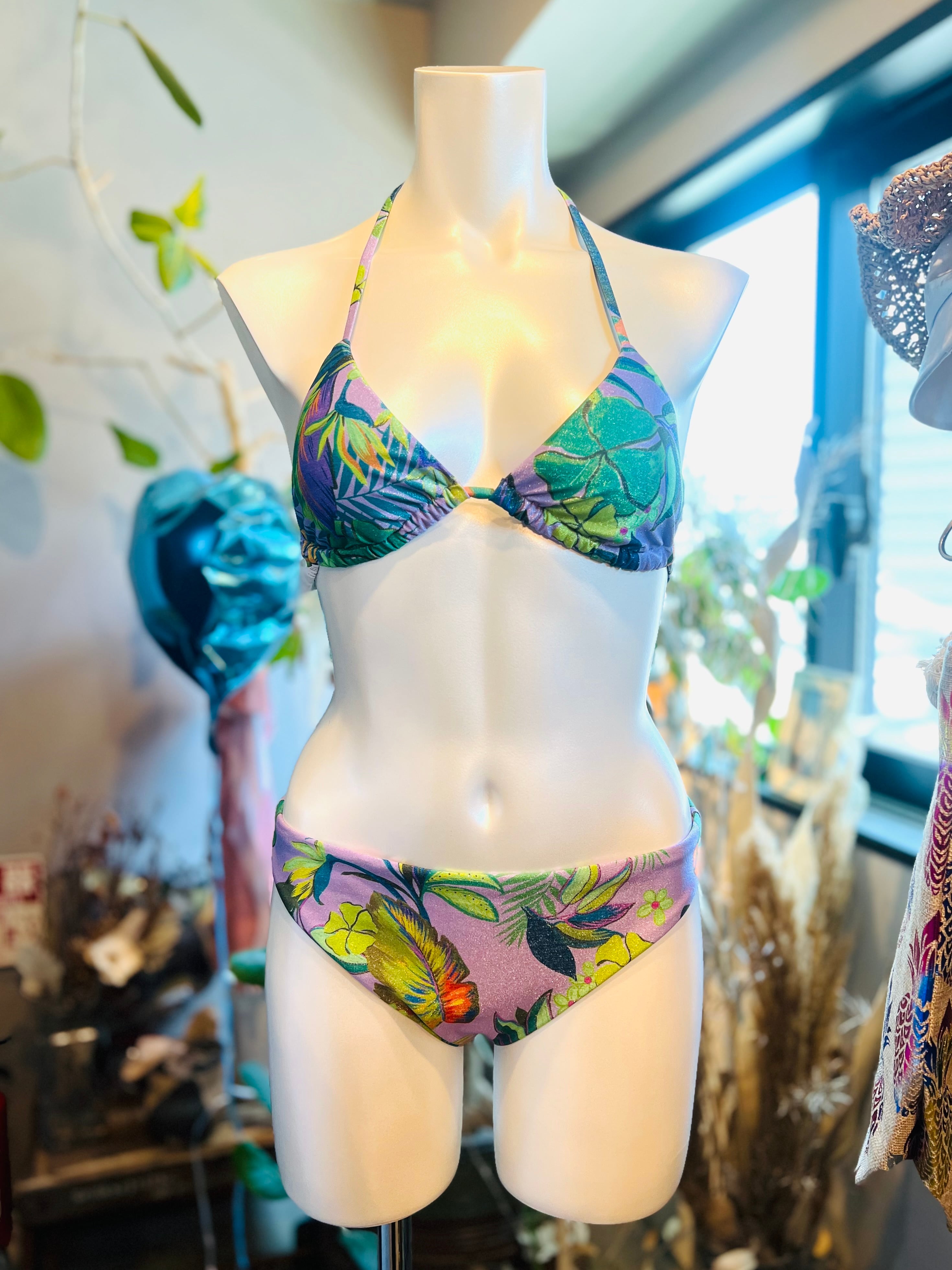 【水着】パープル ラメ ボタニカル柄 三角ビキニ