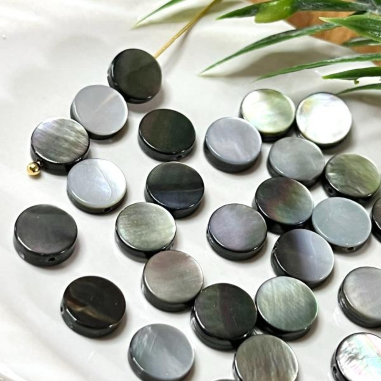 【2個】ブラックリップシェルラウンドビーズ/スペーサー/貝/ナチュラル/