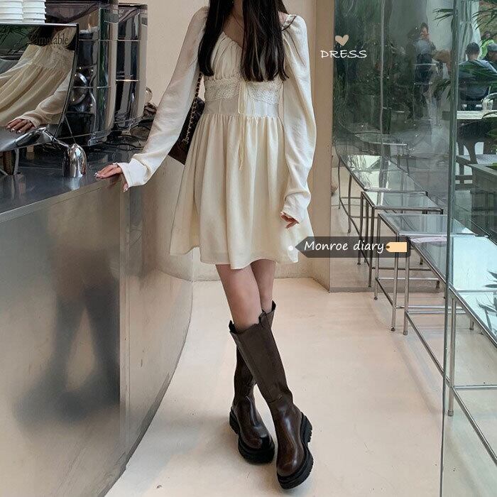 スタンダードVネックドレス オータムウィンターウェスト薄手スカート Aラインロング レトロ 秋物 冬物 モンロー44166087499