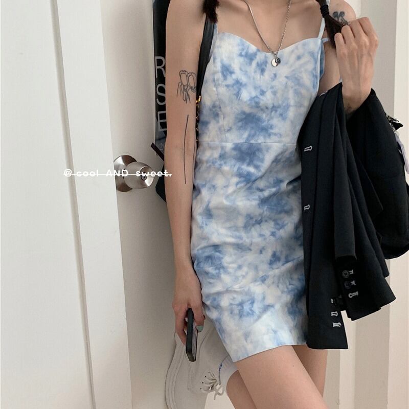 センスタイダイサスペンダードレス女性の夏のバッグヒップノースリーブショートスカート2020新しい気質の薄いスカート ブラックストロベリース92804072254