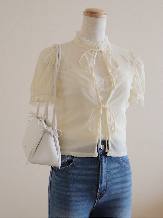 ●sheer stretch jersey lace frill puff sleeve design top