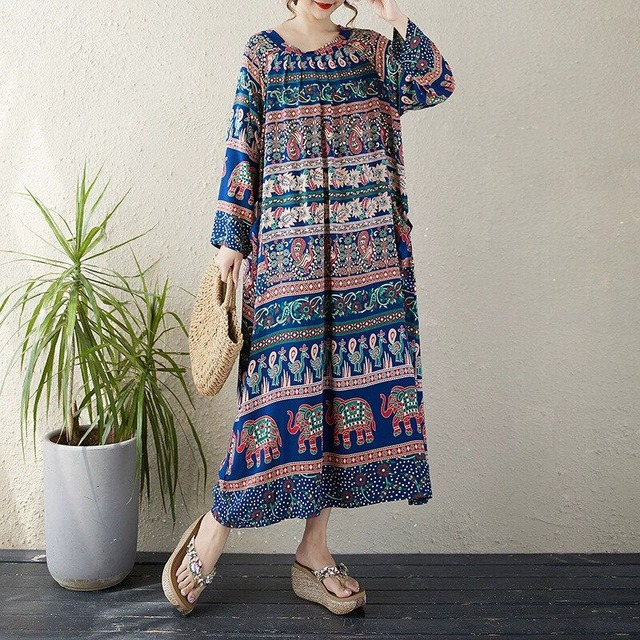 ETHNIC PRINT BOAT NECK LONG PULLOVER DRESS 1color M-14714