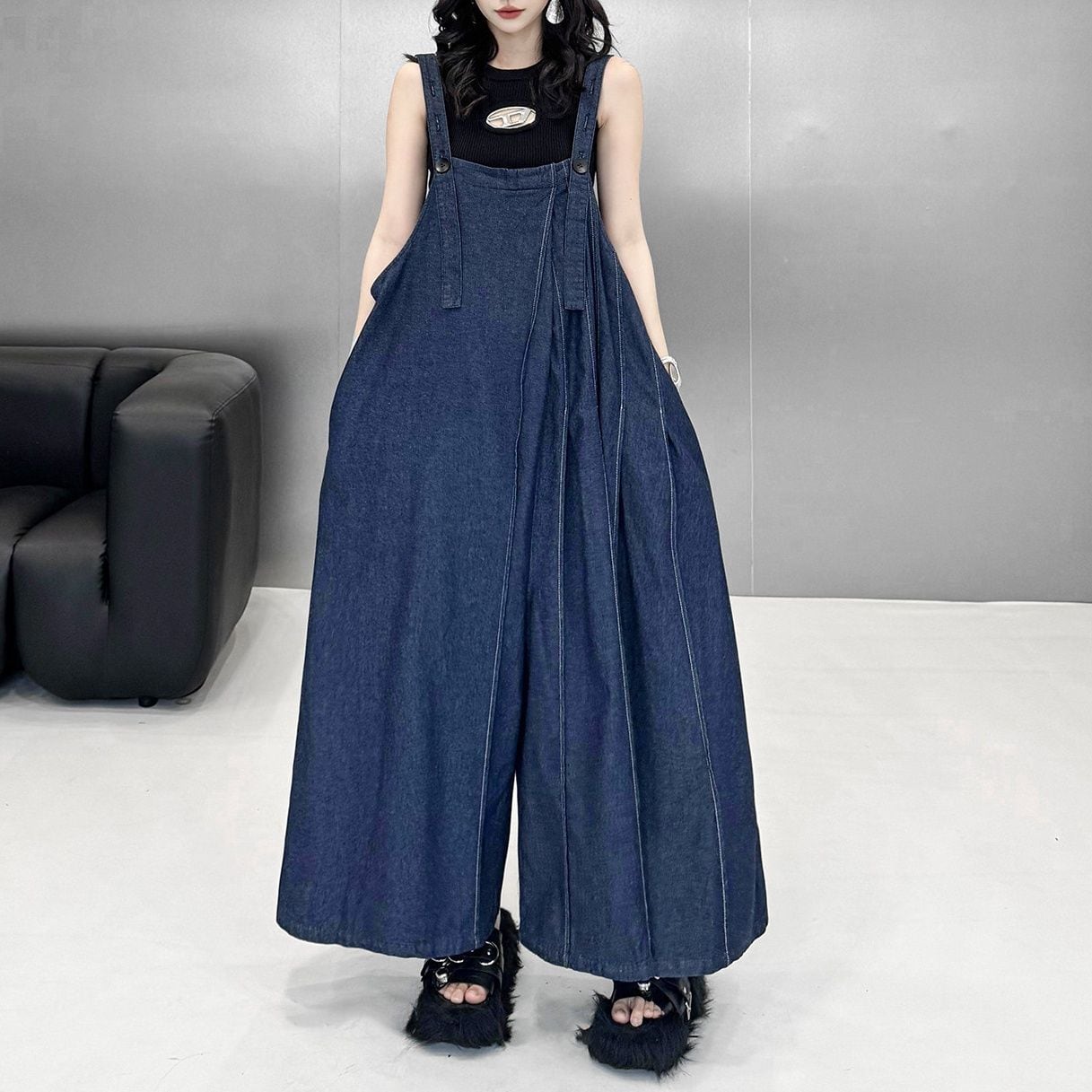 DENIM WIDE LEG SUSPENDER LONG JUMPSUIT M-17202