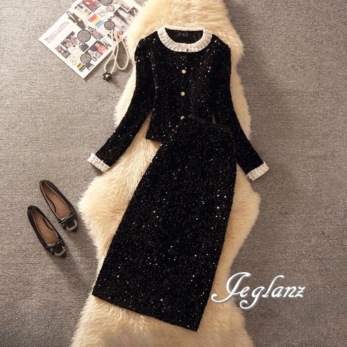 セットアップ 2点 バイカラー トップス タイト スカート 光沢感(MA931)λ