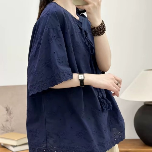 4色/フラワー刺繍タッセルリボンブラウス ・11941