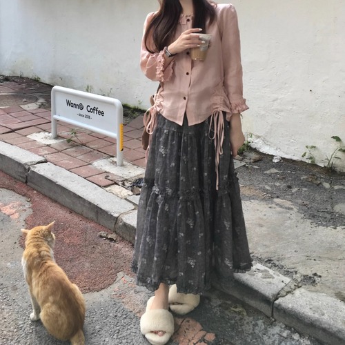 【2点セット】ドロストフリルブラウス＋ティアードフラワーマキシスカート ・72349