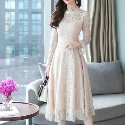 パーティードレス 結婚式 二次会 お呼ばれ 発表会 演奏会 パーティー ミドル丈 ワンピース 黒 レース リーフ柄 ハイネック フリル 大きいサイズ 長袖 シースルー パーティードレス 結婚式 二次会