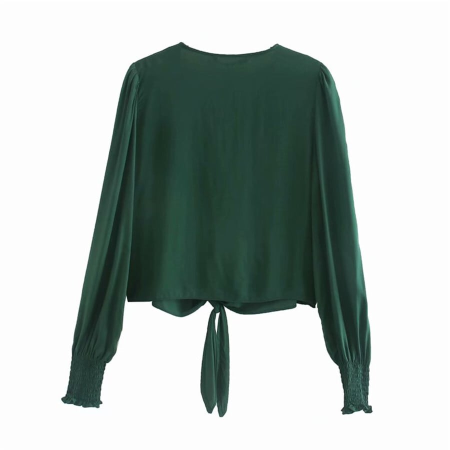 Ω ダークグリーンショートブラウス サテンシャツ シルク Ω