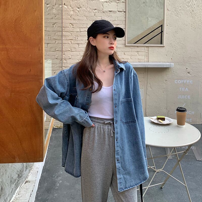 シャツ レディーススプリングオータムスタンダードルーズ薄手トップス ブルージャケット レトロ 春物 秋物 スーパーモール54029847421