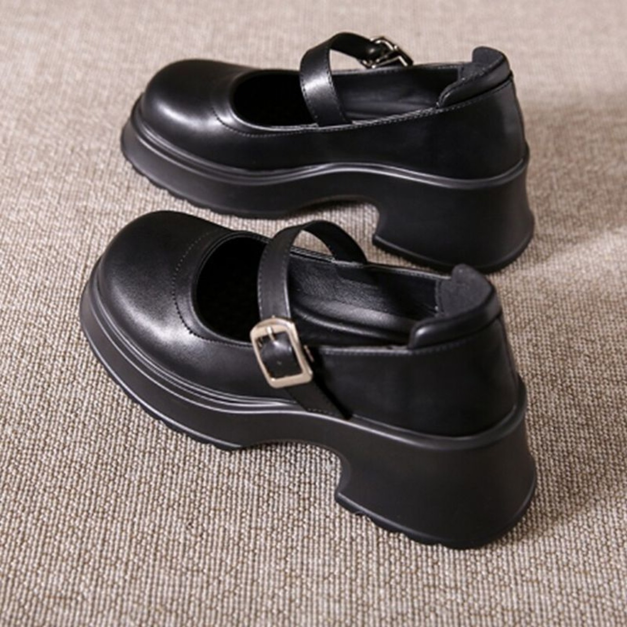 ストラップ  厚底 プレーントゥ シューズ  90015