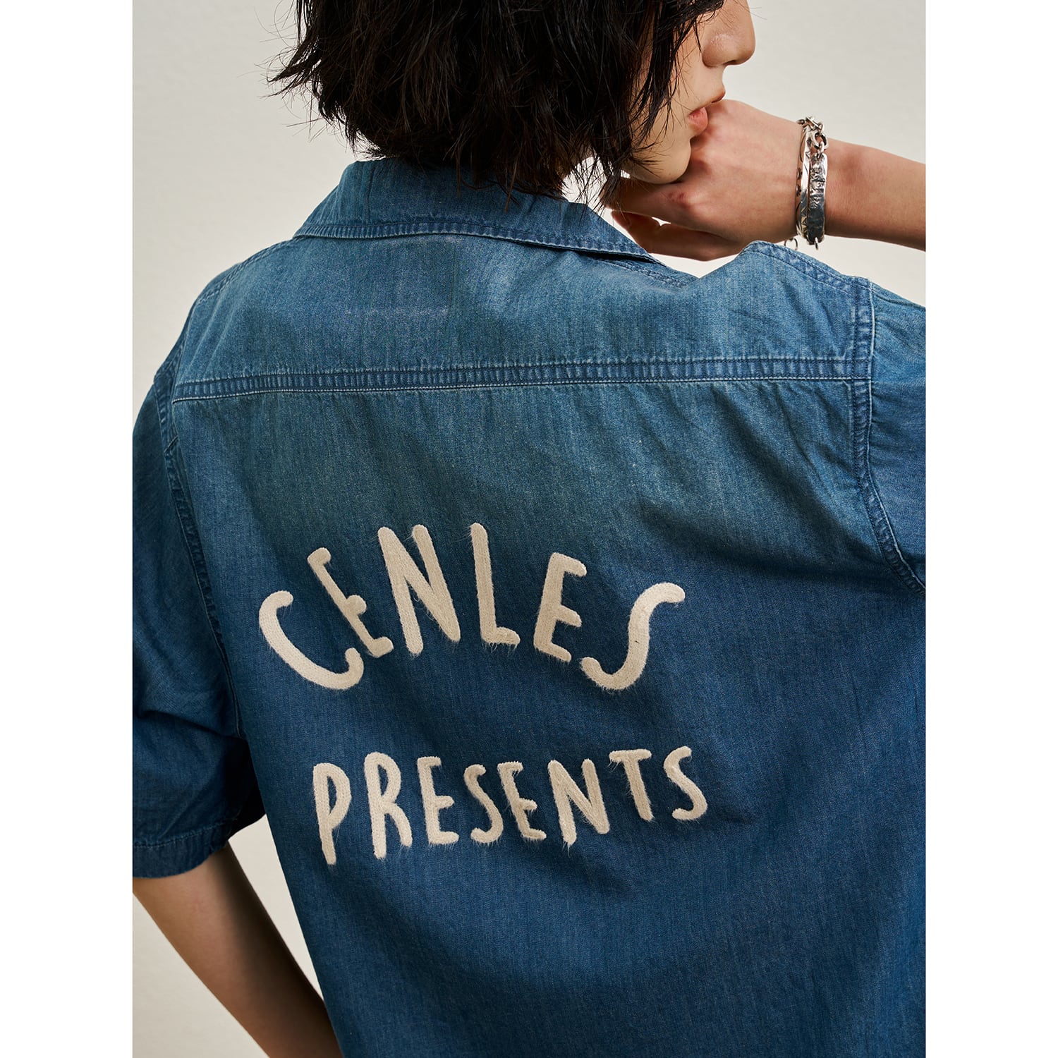 CENLES Vintage Fade Denim Open Collar Shirt / ヴィンテージフェード