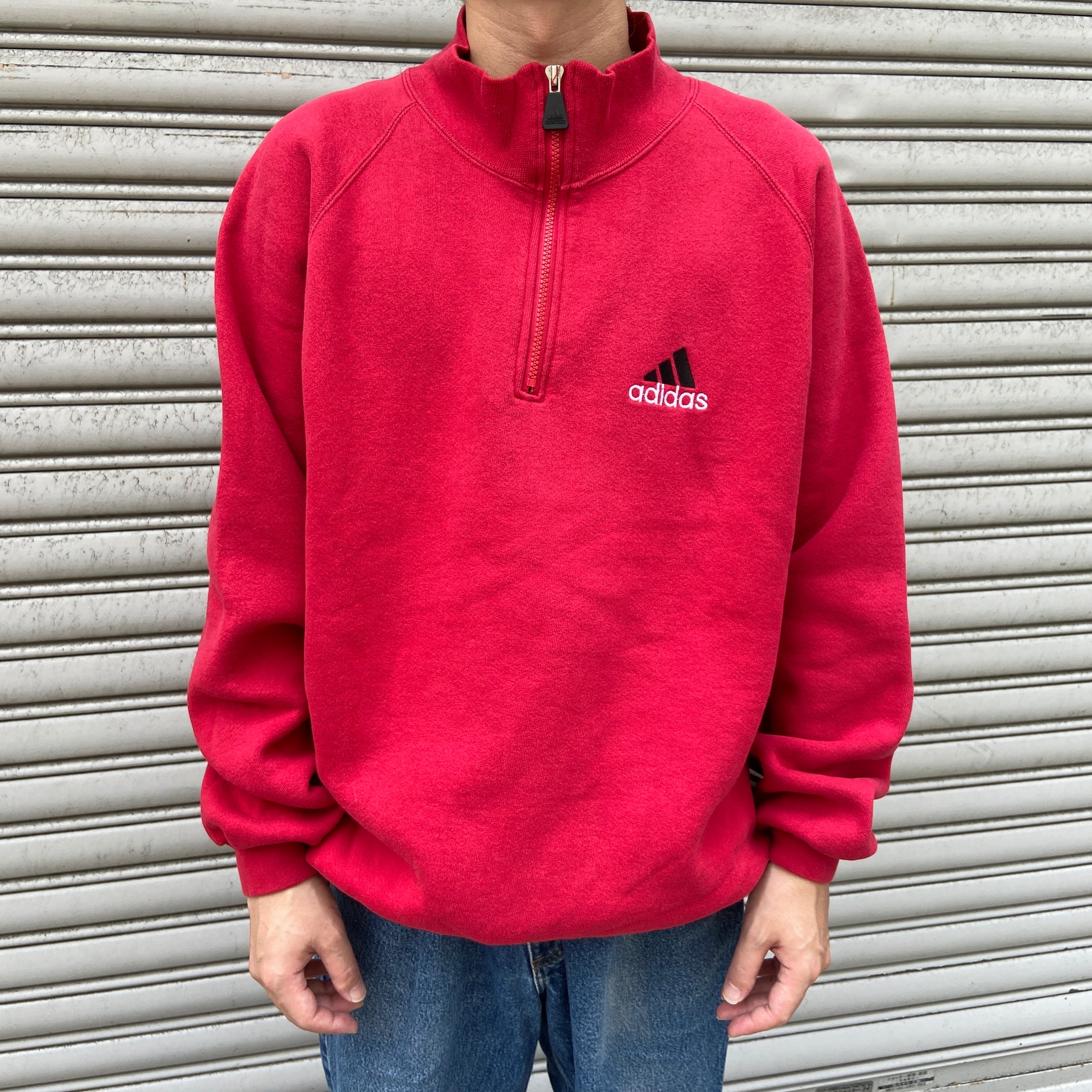 adidas 90s ハーフジップスウェット ワンポイントロゴ USA製 赤 | 古着 