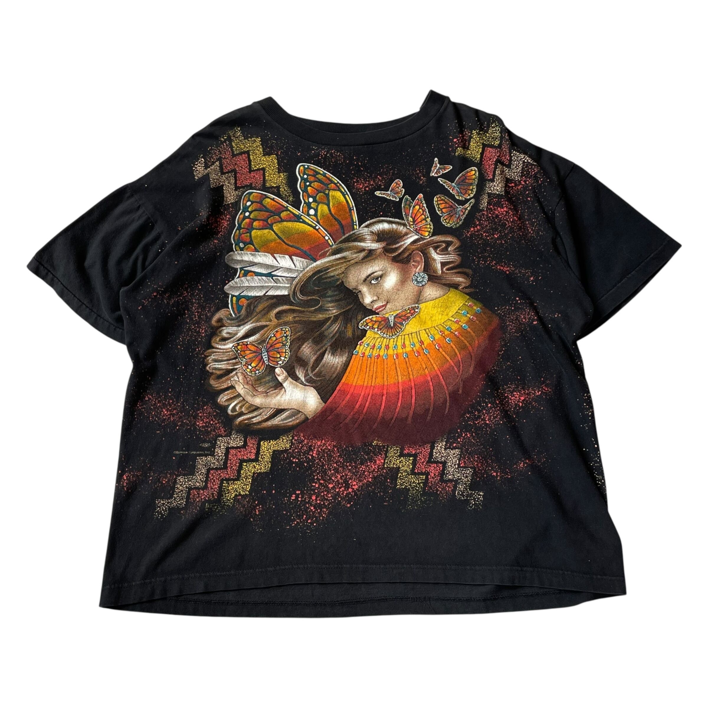 90s AMERICAN THUNDER "native girl" all over print T-shirt