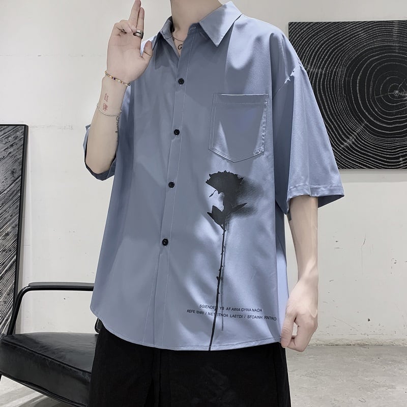 即納】半袖 シャツ ローズプリント M | Korean unisex fashion