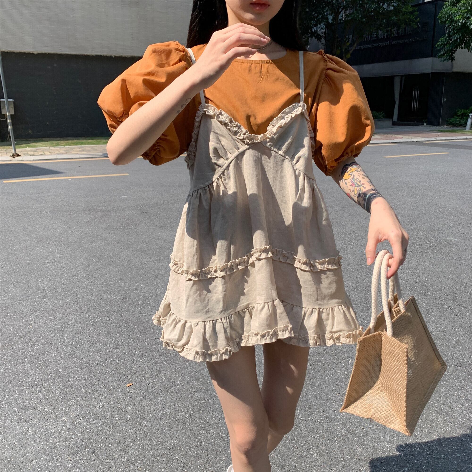 スリーブシャツ Aラインスカート サマーショート コットン 夏物 ビッグFスモールZ韓国70503561378