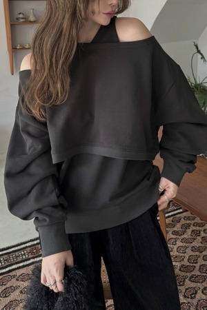 WILLFULLY  asymmetry 2 piece layered sweat  アシンメトリー２ピースレイヤードスエット　black