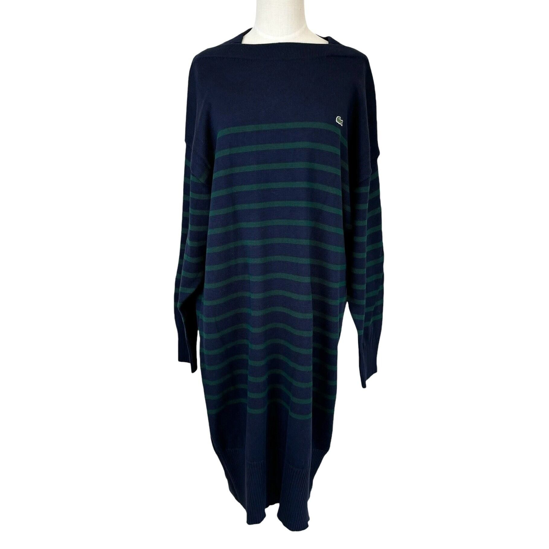 中古 ラコステ LACOSTE ストライプ ニットドレス 長袖 ニットワンピース ボーダー柄 ネイビー×グリーン レディース サイズ38