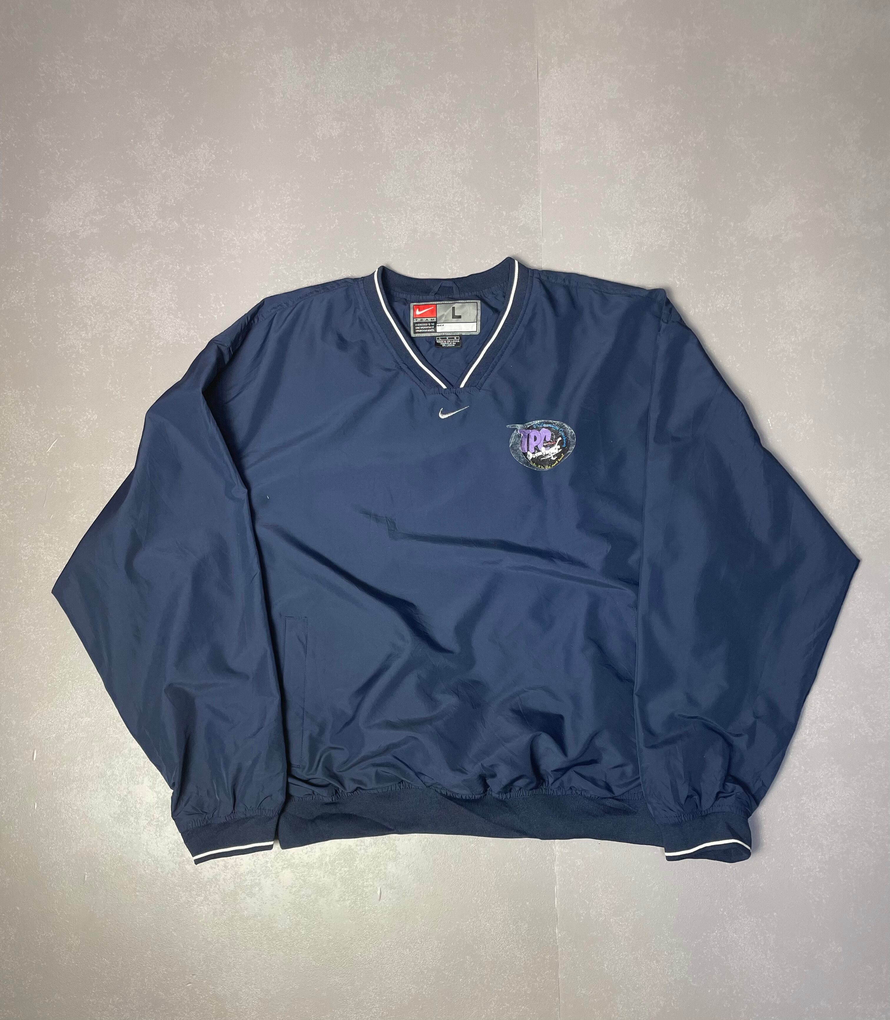 90年代 NIKE ナイキ スウォッシュ フロントロゴ Vネック ウォームアッププルオーバー メンズL 古着 90s ビンテージ ヴィンテージ ナイロンジャケット ブルー 青色 【ナイロンジャケット】