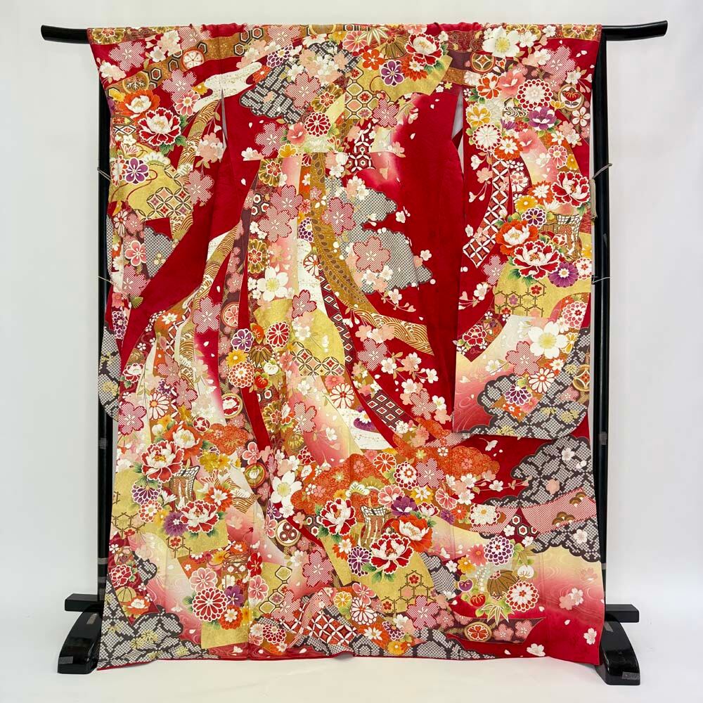 振袖 中古 赤 正絹 古典 裄70cm 身丈171cm 美品 2L サイズ 成人式 6751