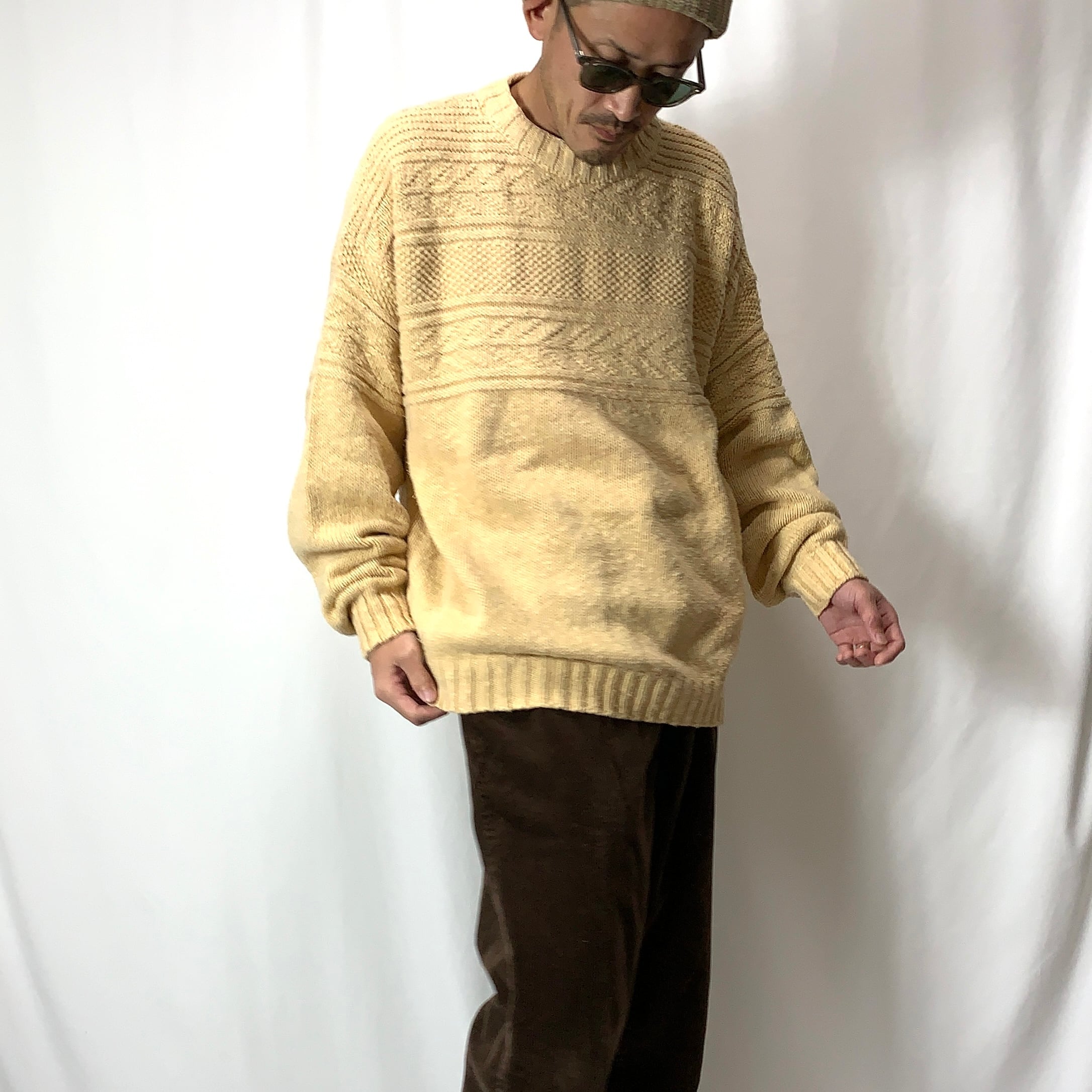 vintage old 80s 90s L.L.Bean aran pattern cotton knit cotton sweater MADE  IN USA アランパターン コットンニット コットンセーター size XL アメリカ製 ベージュ メンズ レディース ビンテージ ヴィンテージ