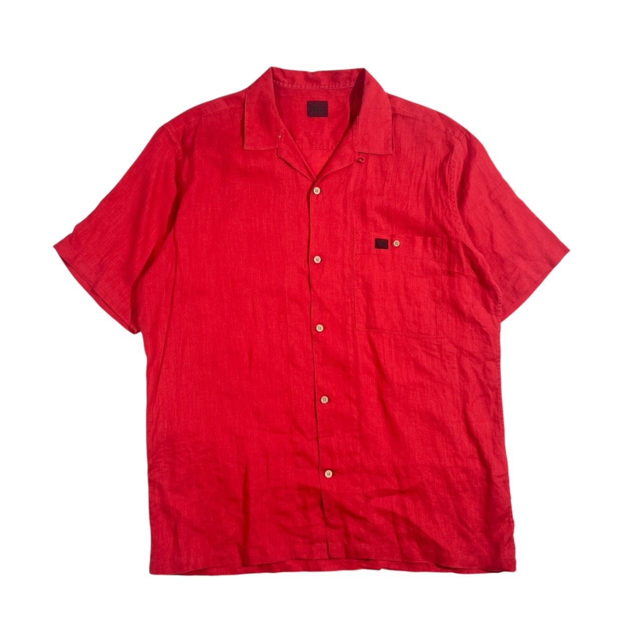 リネン100% Papas パパス 半袖 オープンカラー シャツ M /レッド系 メンズ