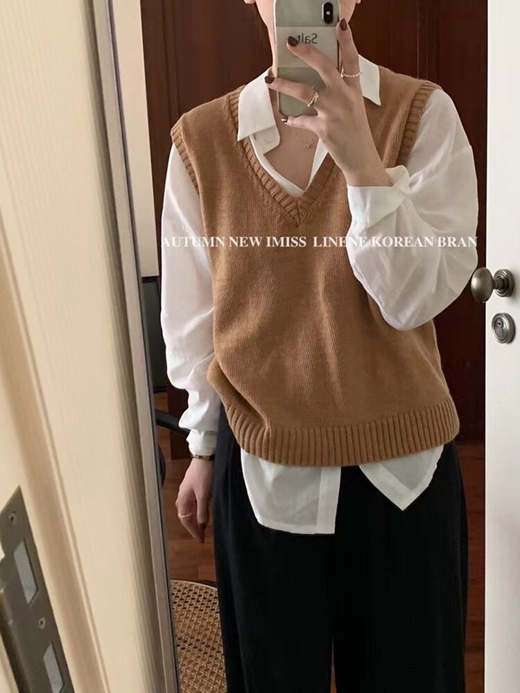 オータムルーズVネックノースリーブセーター ニット 秋物 ビッグFスモールZ韓国16570795210