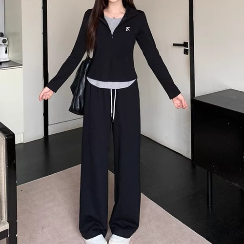 【2点セット】3色／エンブロイダリーハーフジップトップス＋ワイドイージーパンツ ・74144